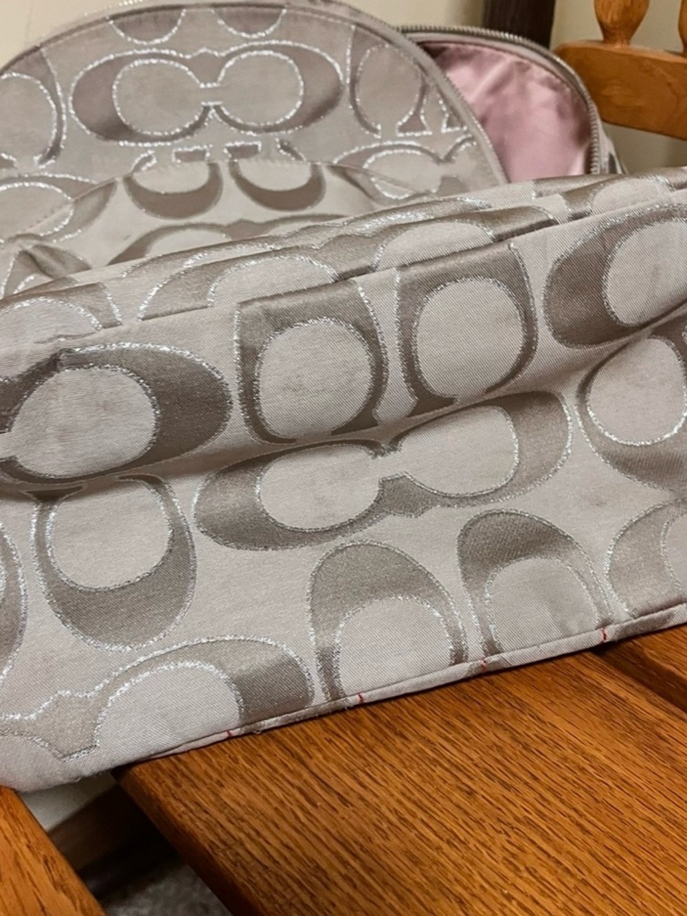 Beige Signature Pattern Backpack with Pink Trim - Picture 9 of 10